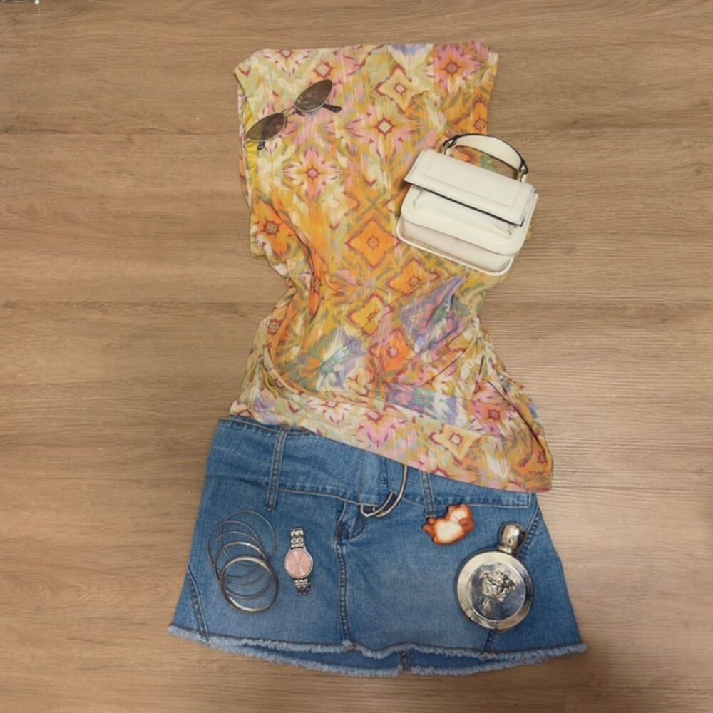 Y2K Boho Orange Abstract Print Draped Kathy Ireland Top